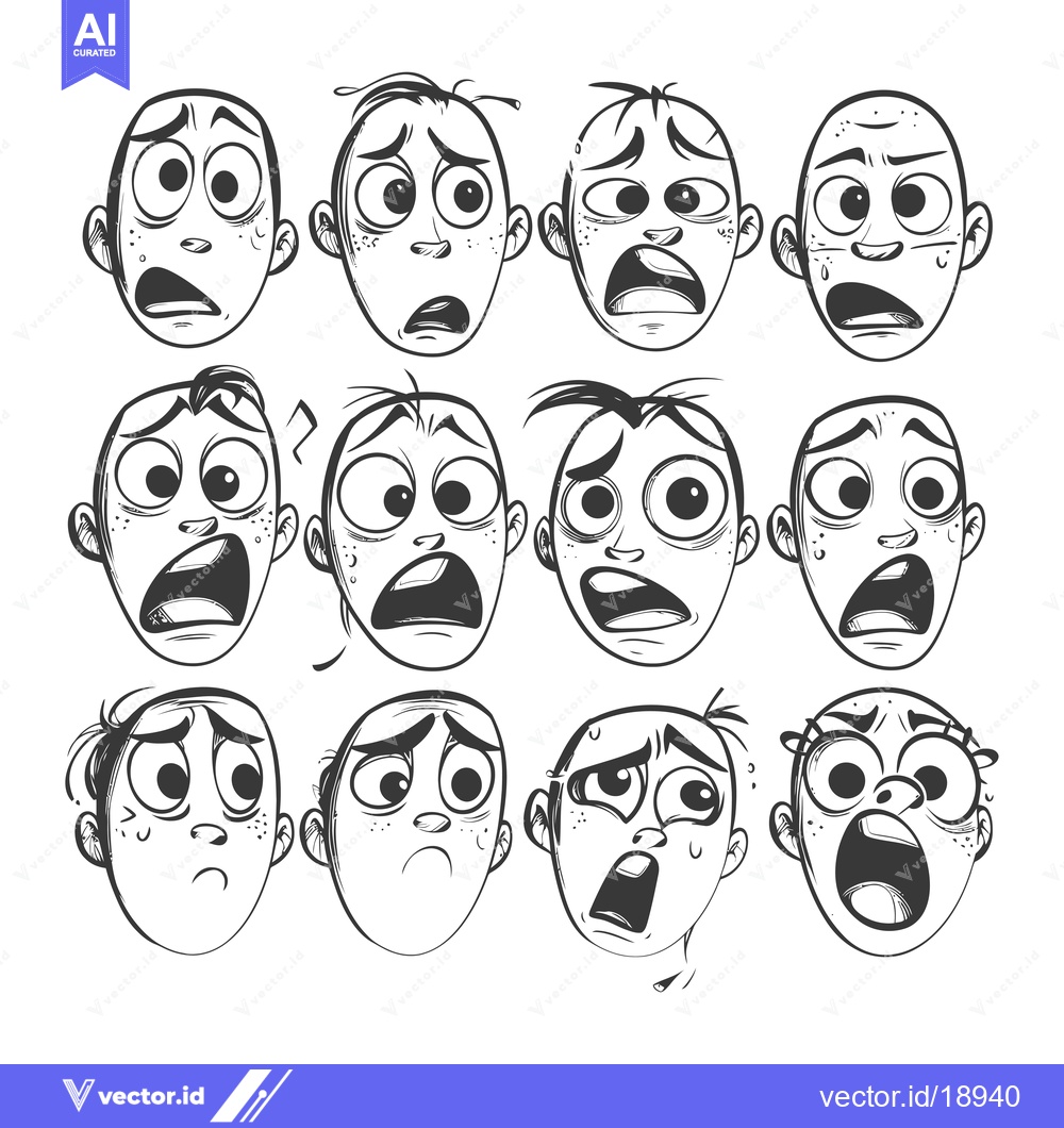 Premium Vector of A Set of Twelve Cartoon Faces Expressing Fear and Panic