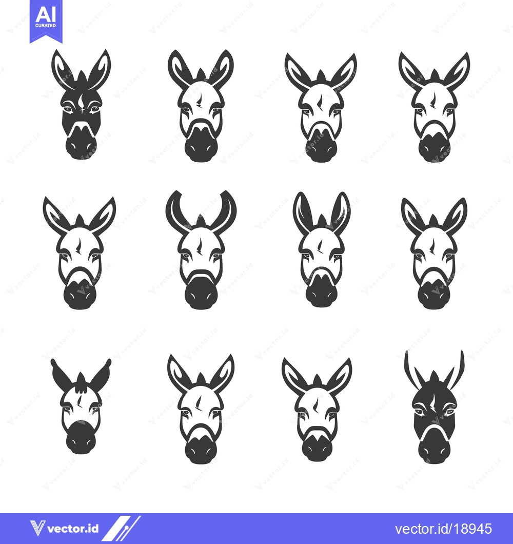 Premium Vector dari A Set of Twelve Donkey Head Icons in Black and White