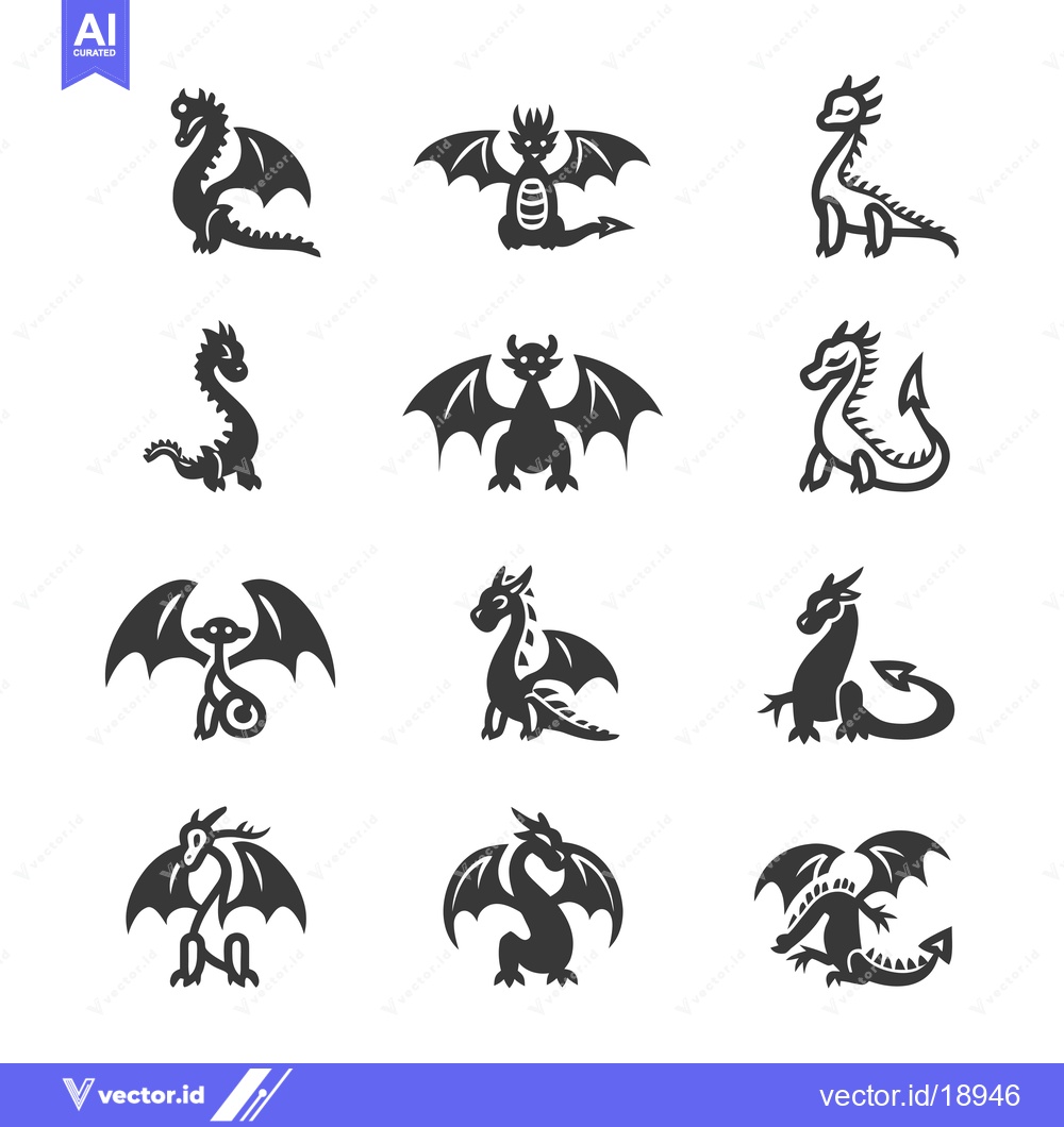 Premium Vector dari A Set of Twelve Dragon Silhouettes with Varying Poses and Wing Positio
