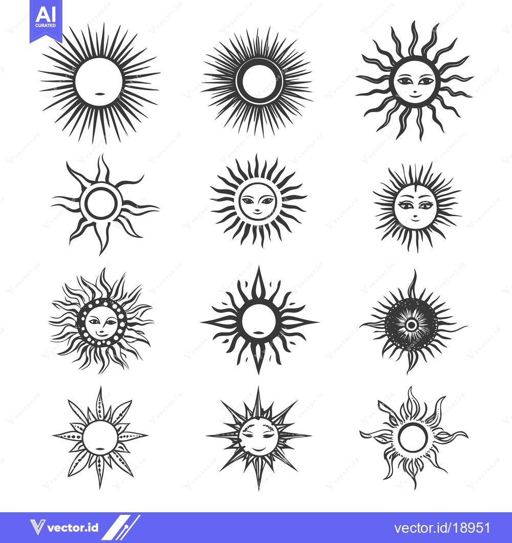 Premium Vector dari A Set of Twelve Hand-Drawn Sun Illustrations with Unique Ray Styles
