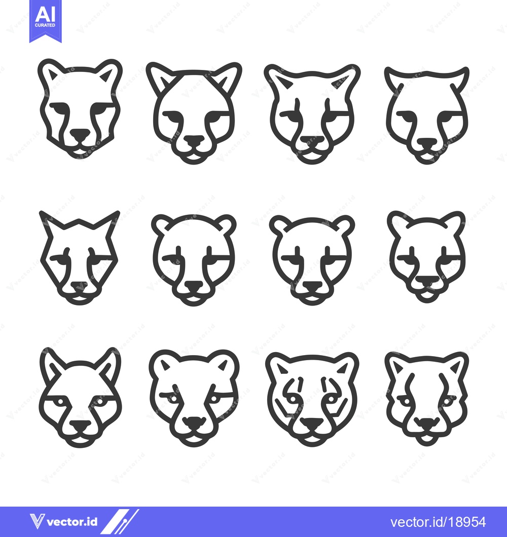 Premium Vector of A Set of Twelve Line Art Illustrations Depicting Cheetah Heads