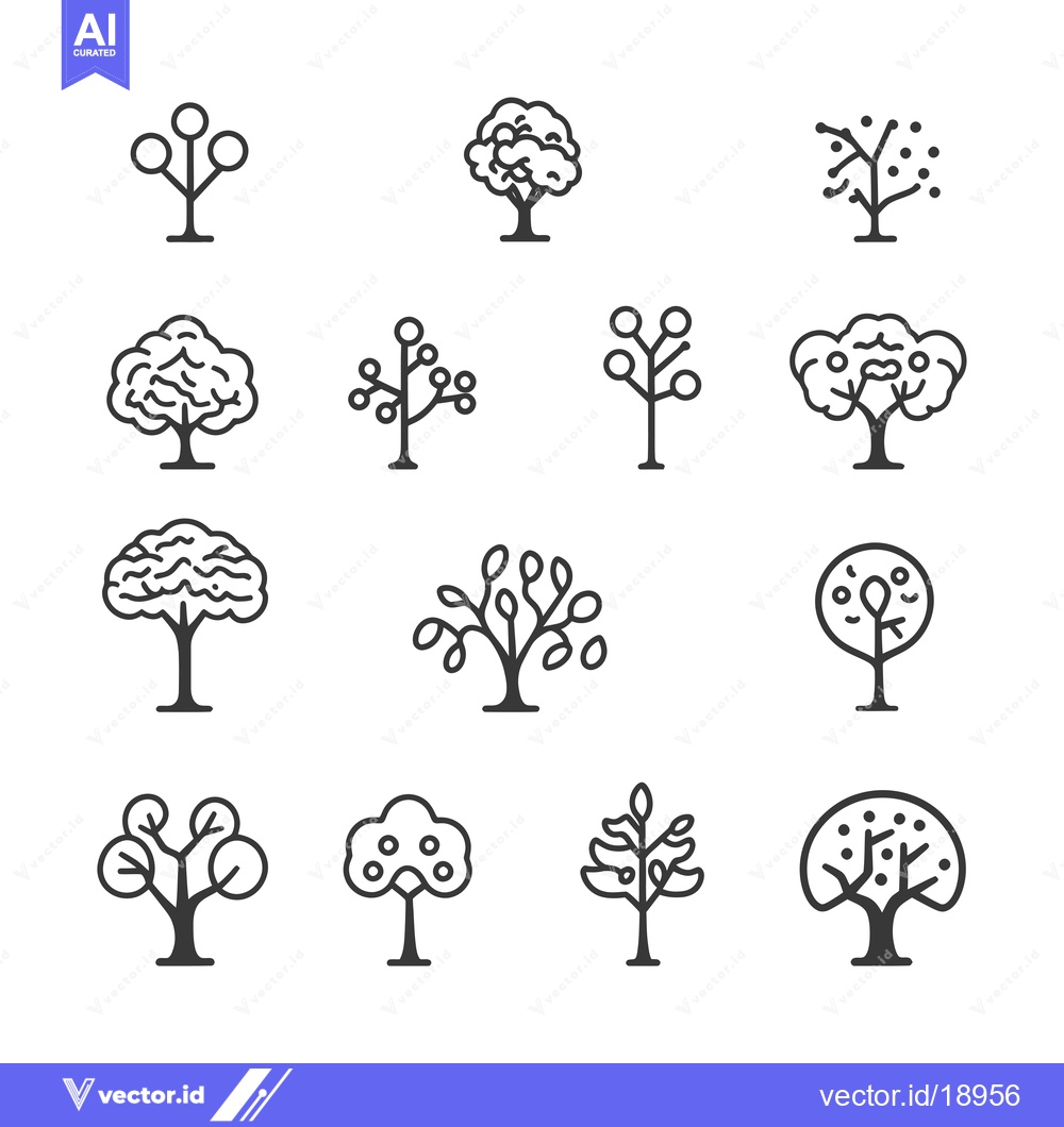 Premium Vector of A Set of Twelve Line Art Tree Icons with Different Styles and Shapes