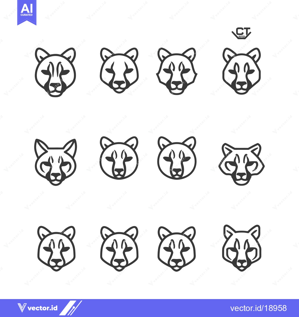 Premium Vector dari A Set of Twelve Line Drawings of a Cheetah's Head Facing Forward