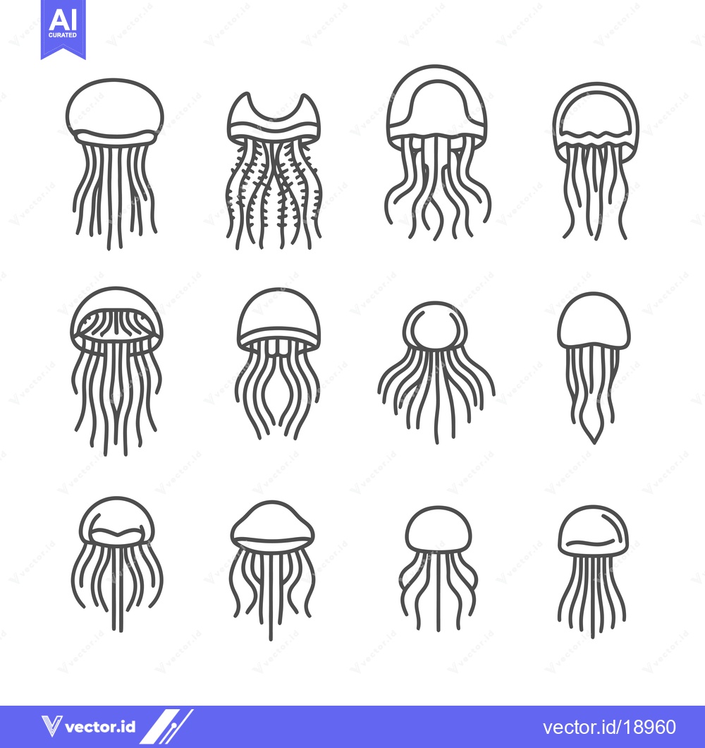 Premium Vector of A Set of Twelve Line Drawings of Jellyfish