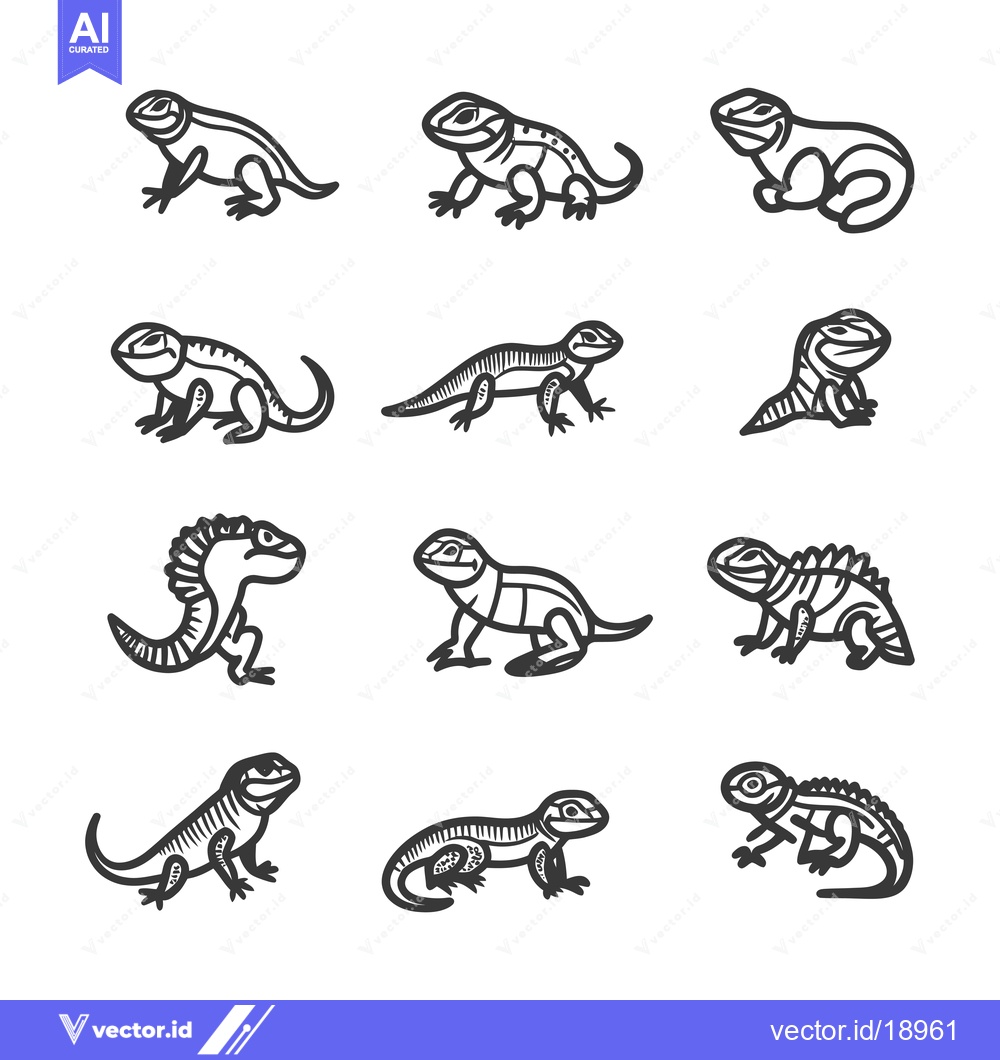 Premium Vector dari A Set of Twelve Line Drawings of Lizards in Various Poses
