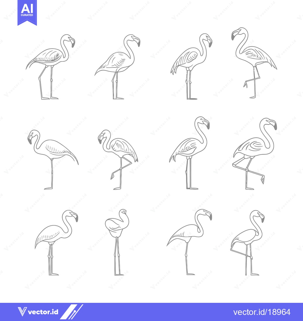 Premium Vector dari A Set of Twelve Line Drawings of Pink Flamingos in Different Poses