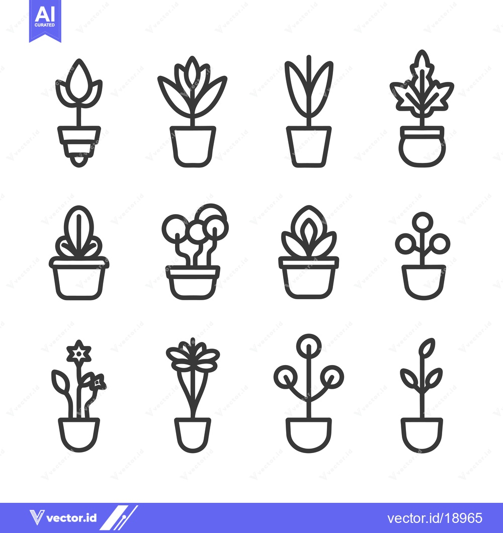 Premium Vector dari A Set of Twelve Line Drawings of Potted Plants