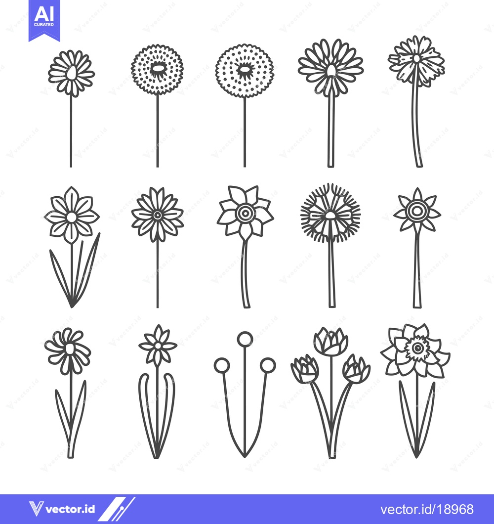 Premium Vector dari A Set of Twelve Line Drawings of Various Flowers