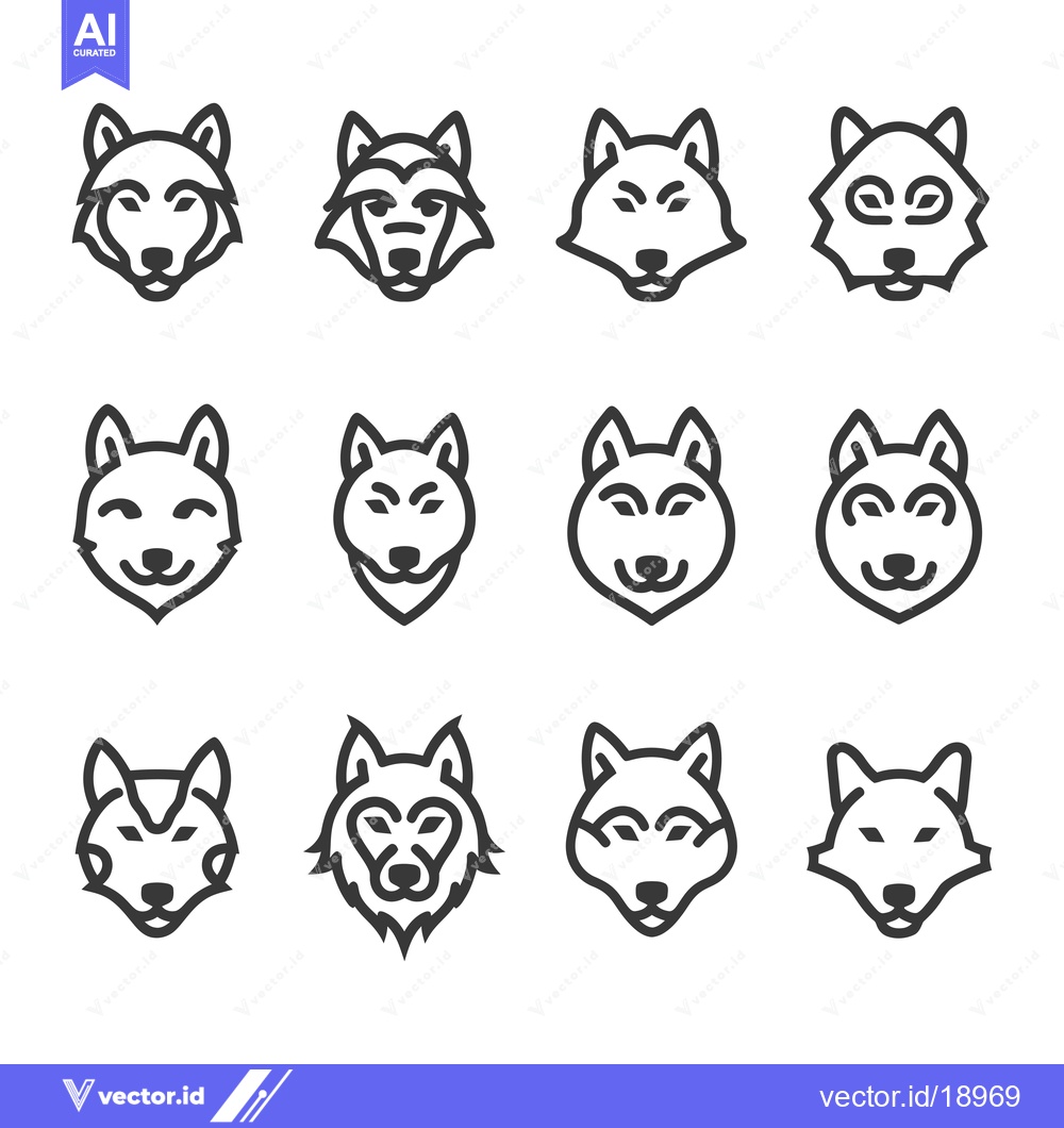 Premium Vector dari A Set of Twelve Line Drawings of Wolf Heads