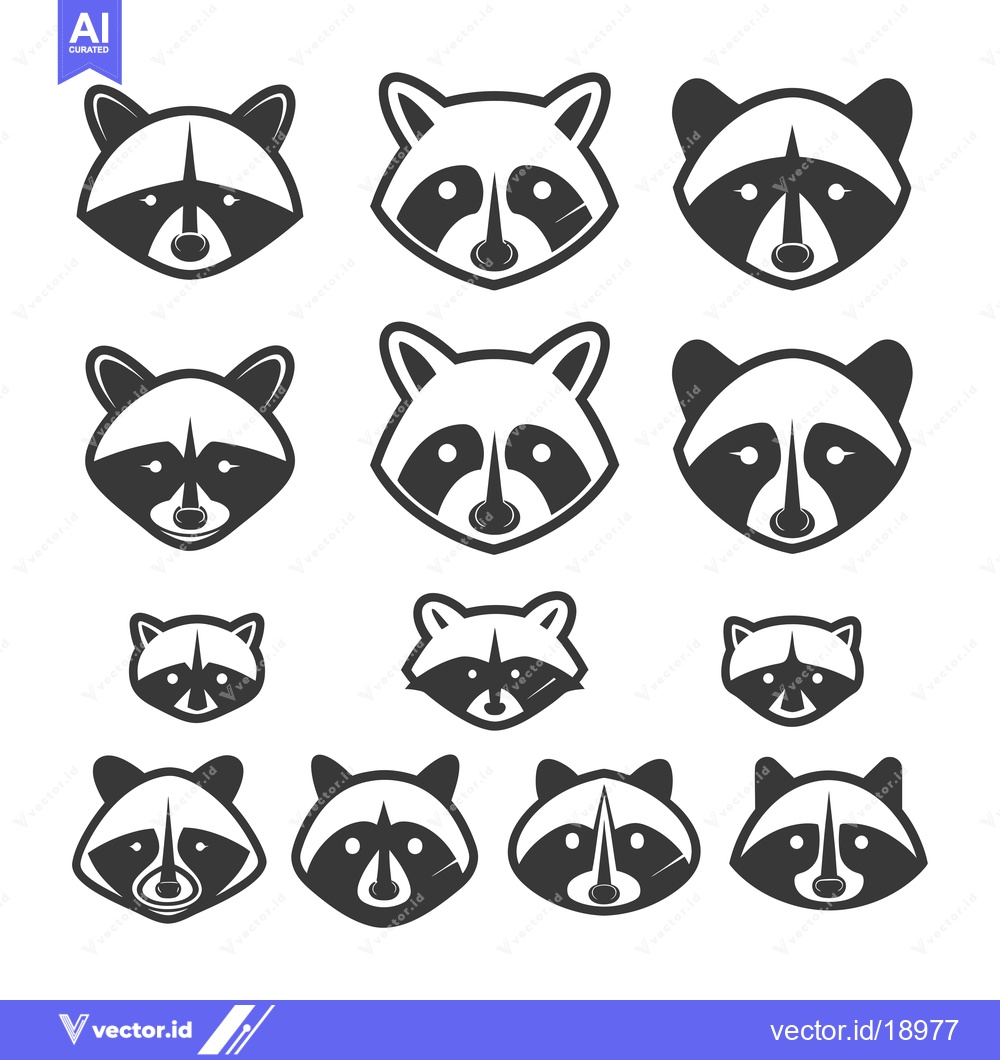 Premium Vector dari A Set of Twelve Raccoon Faces in Various Sizes and Styles