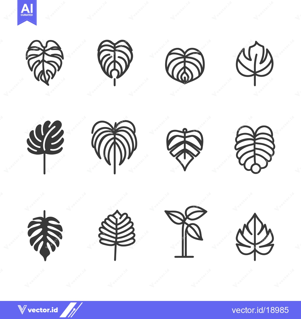 Premium Vector dari A set of twelve simple line art tropical leaf illustrations
