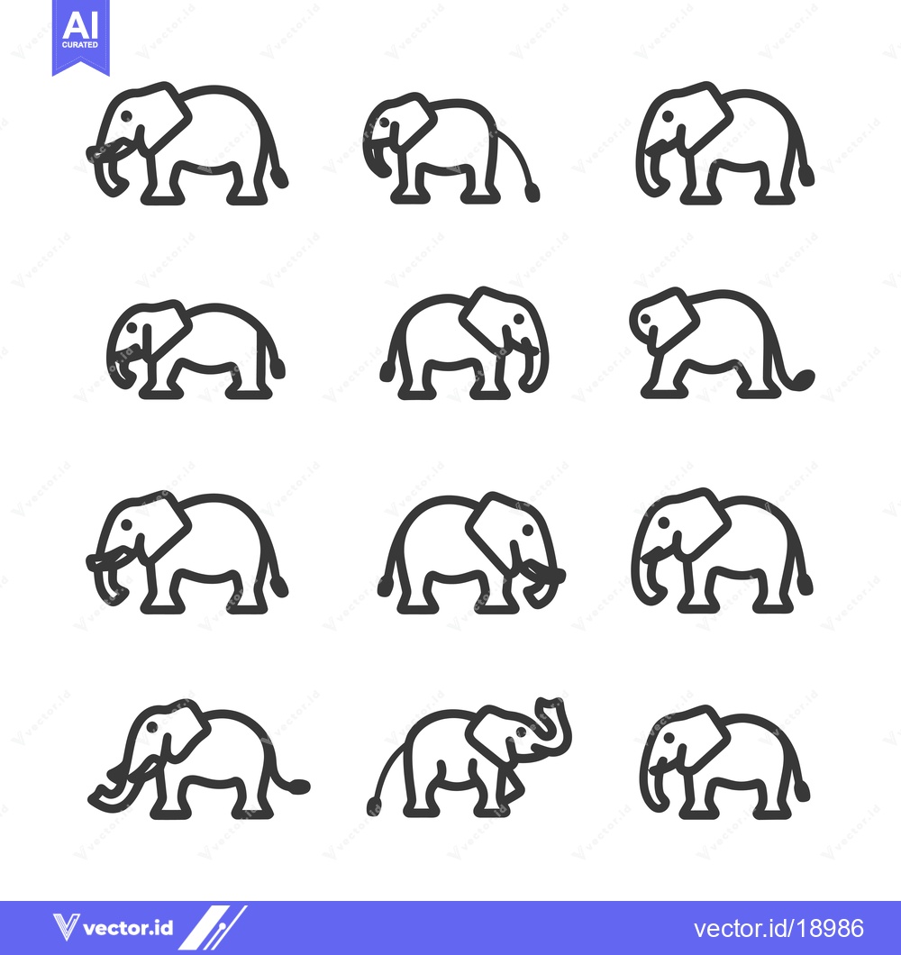 Premium Vector dari A Set of Twelve Simple Line Drawings of Elephants