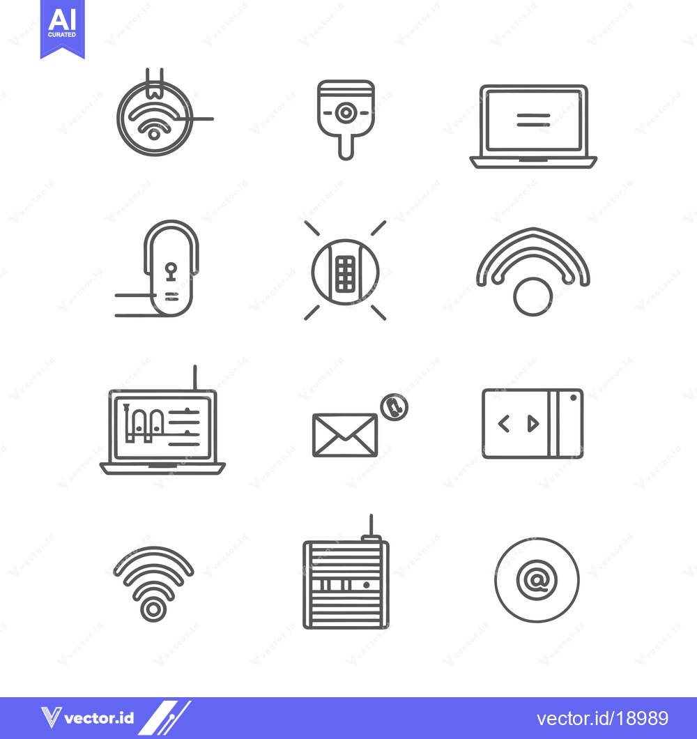 Premium Vector of A Set of Twelve Simple Line Icons Representing Digital Technology and