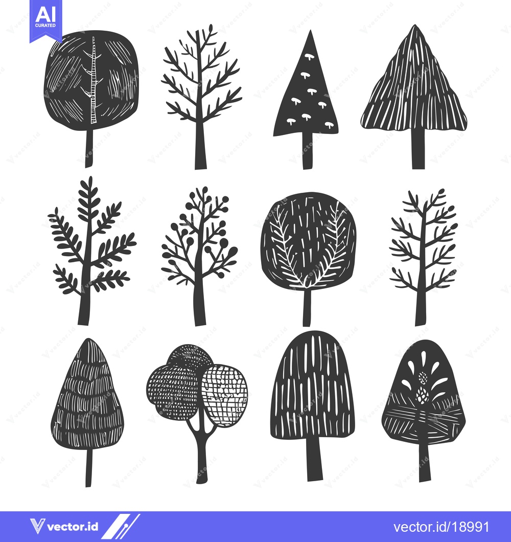 Premium Vector dari A Set of Twelve Stylized Black and White Trees