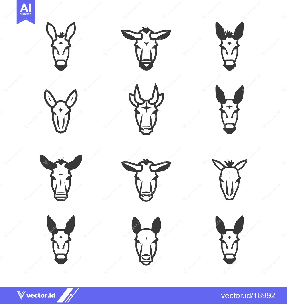 Premium Vector of A Set of Twelve Stylized Donkey Head Illustrations