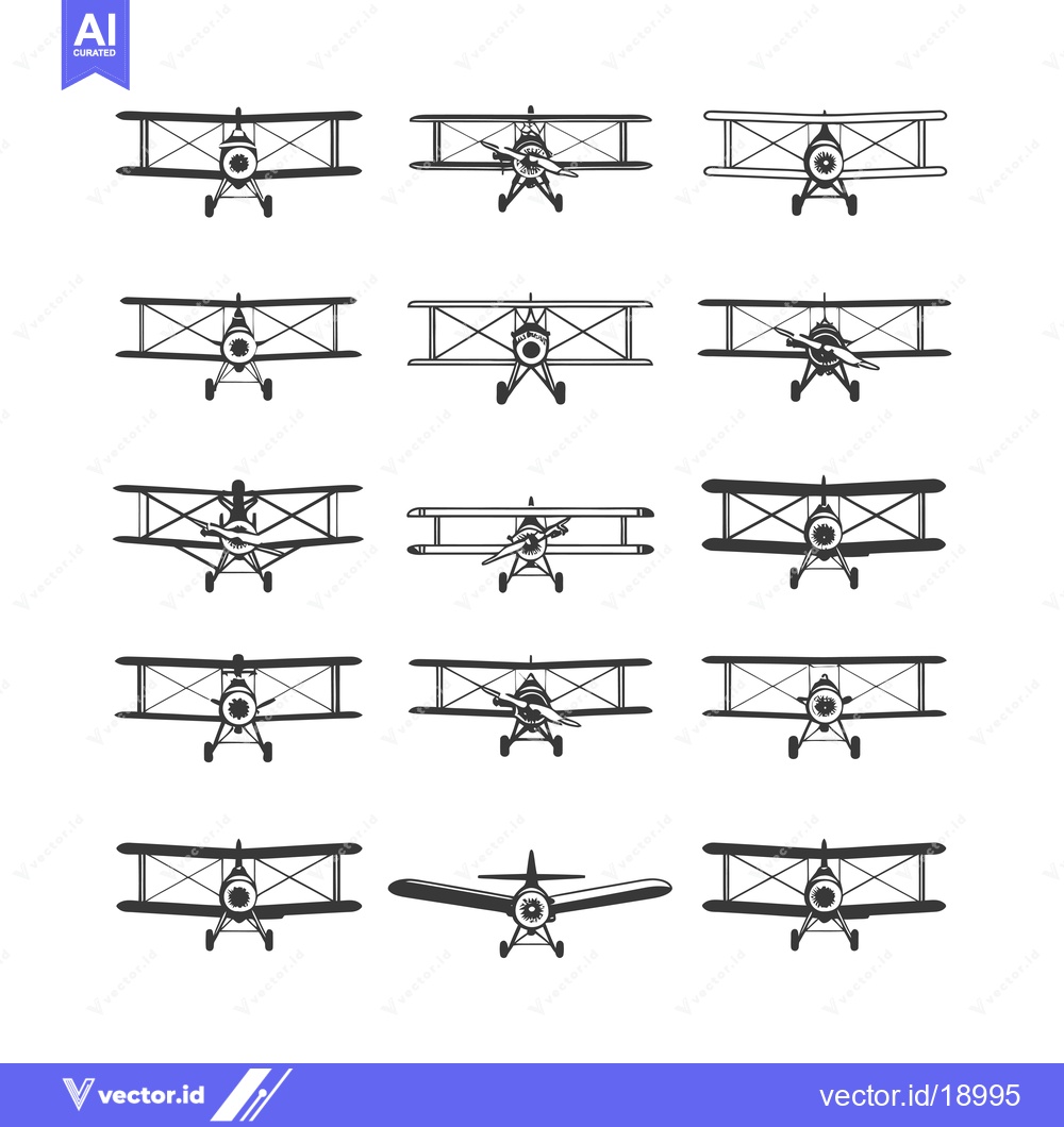 Premium Vector of A Set of Twelve Vintage Biplane Silhouettes in Black and White