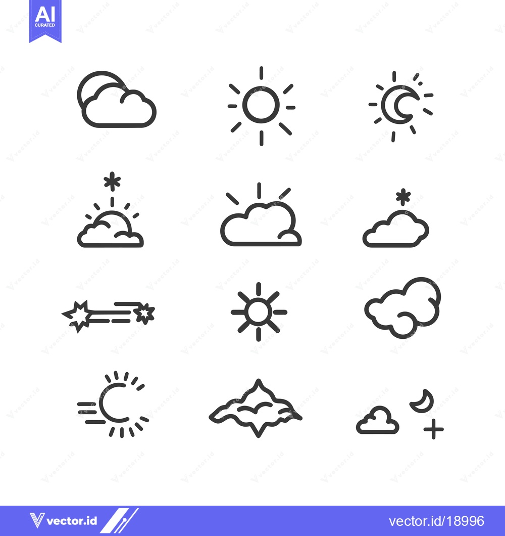 Premium Vector of A Set of Twelve Weather Icons Featuring Sun, Moon, Clouds, and Snow