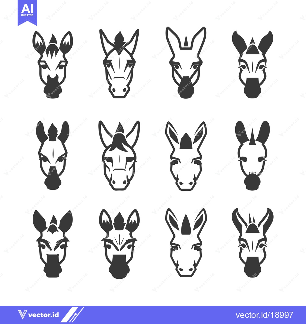 Premium Vector dari A Set of Twelve Zebra and Donkey Heads in Black and White