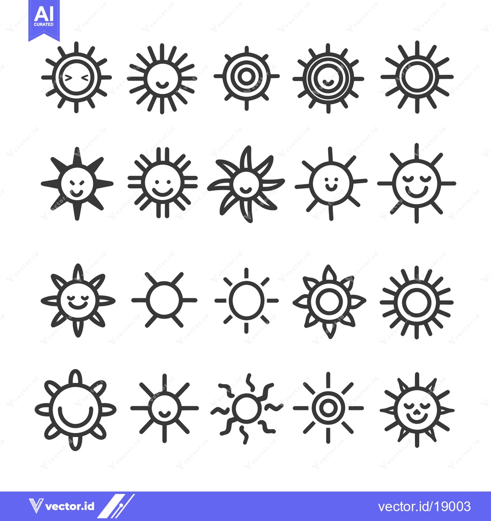 Premium Vector dari A Set of Twenty Black and White Sun Icons with Various Designs and Exp