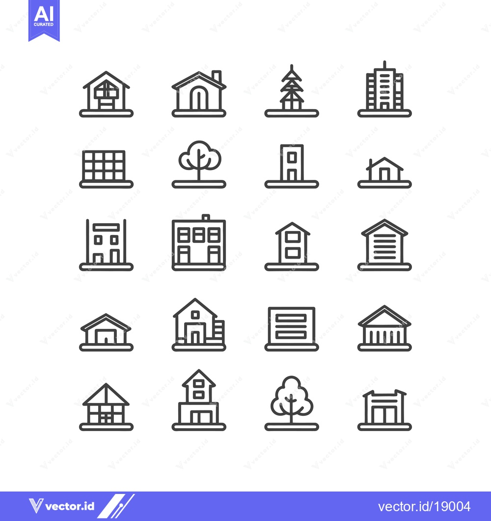 Premium Vector of A Set of Twenty Black Outline Icons Depicting Various Buildings and Tr