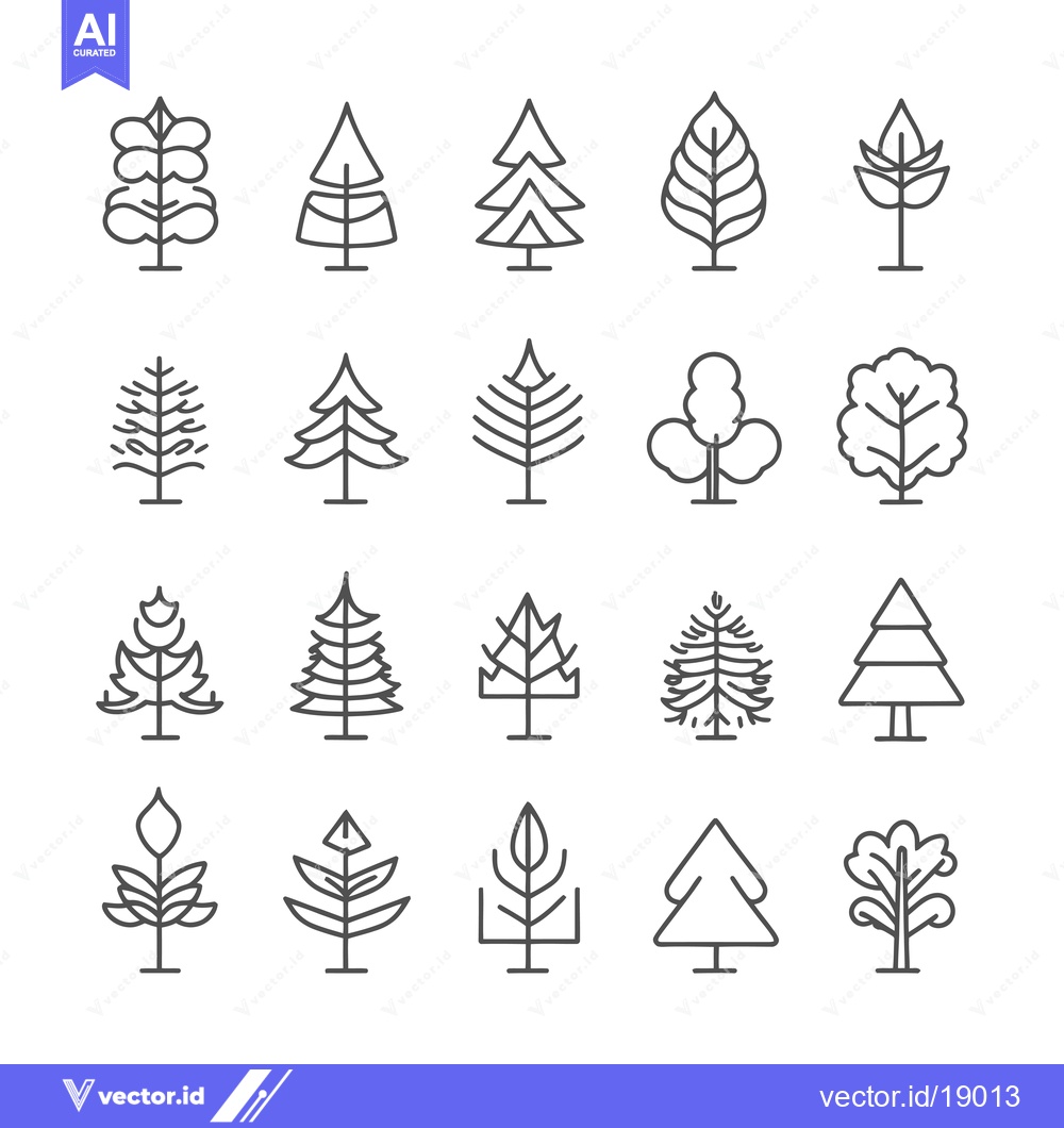 Premium Vector dari A Set of Twenty Line Drawings of Various Types of Trees