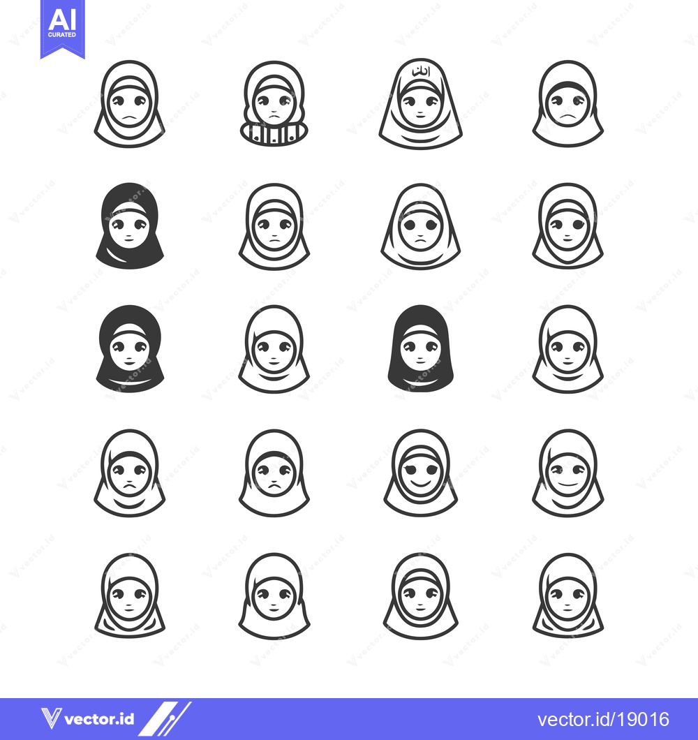 Premium Vector dari A Set of Twenty Muslim Women Wearing Hijabs With Different Facial Expr