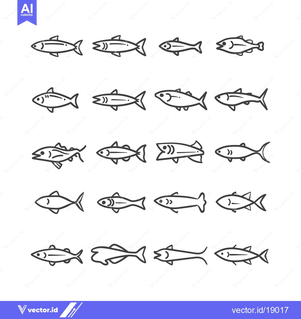 Premium Vector of A Set of Twenty Outline Fish Illustrations