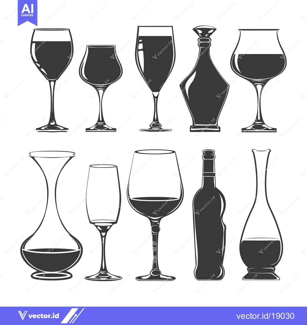 Premium Vector dari A Set of Wine Glasses, Decanters, and Bottles