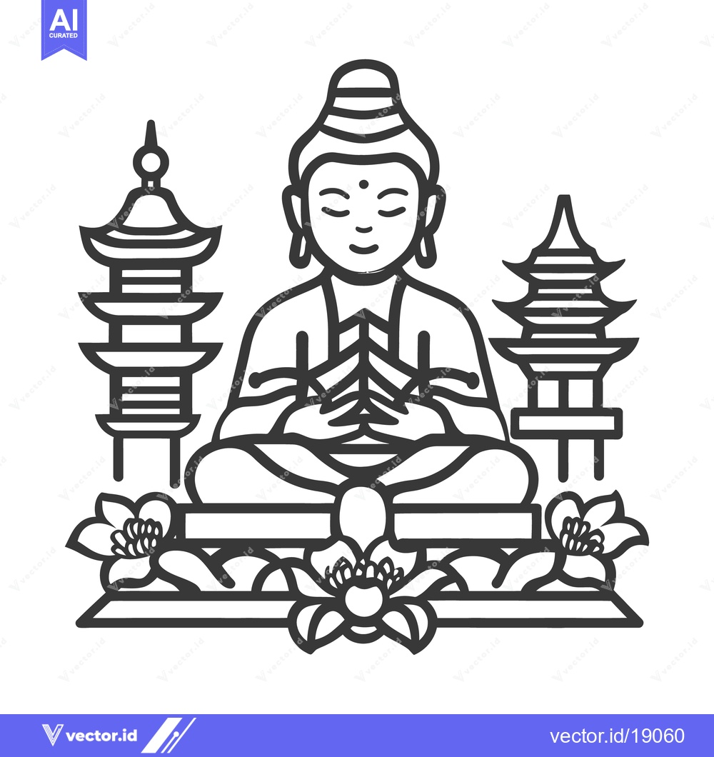 Premium Vector dari A peaceful drawing of a seated figure with temples and flowers