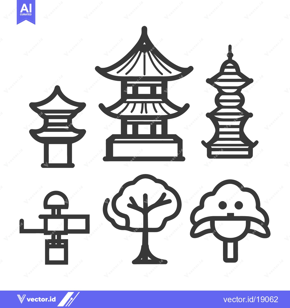Premium Vector of Simple graphic depictions of asian architecture and nature elements