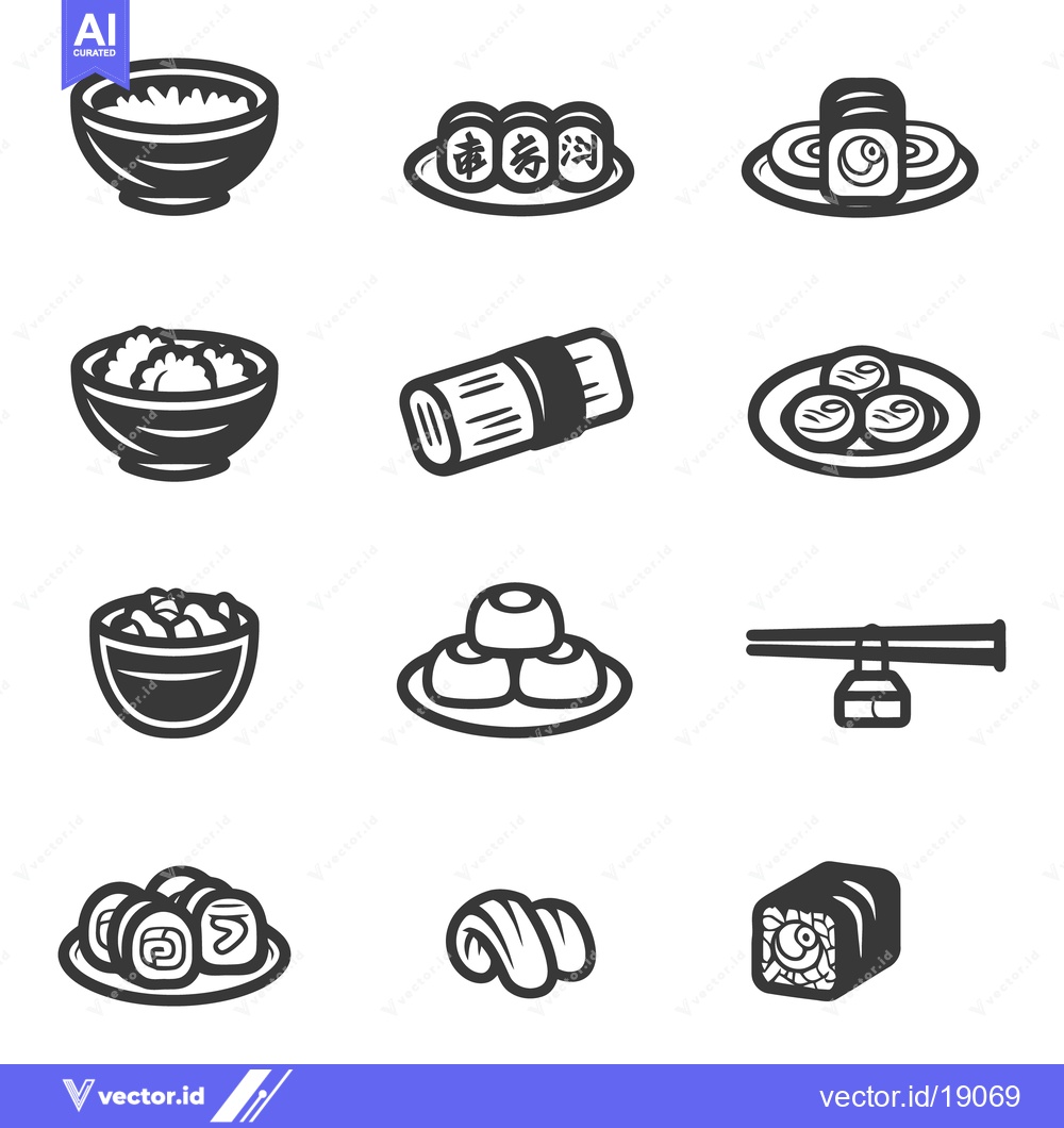 Premium Vector of Simple black and white illustrations of various japanese food items