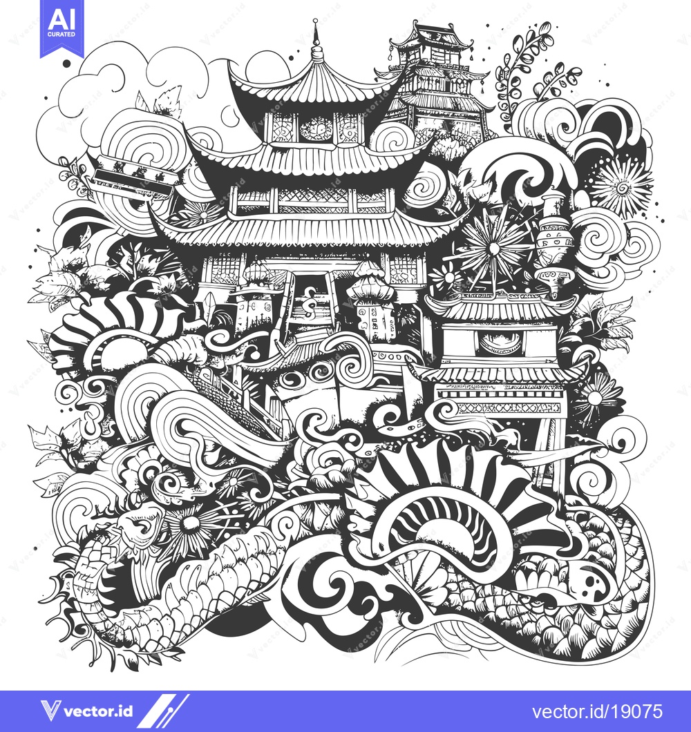 Premium Vector of Asian-inspired doodle art with a pagoda and dragon