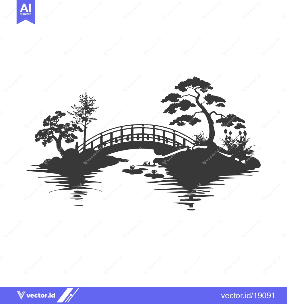 Premium Vector dari A Silhouetted Bridge Over a Tranquil Pond with Surrounding Trees
