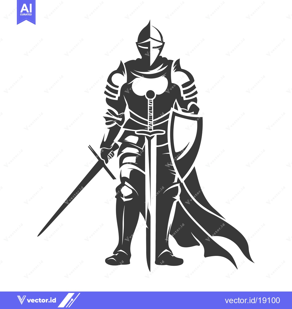 Premium Vector dari A Silhouetted Knight in Full Armor with Sword and Shield