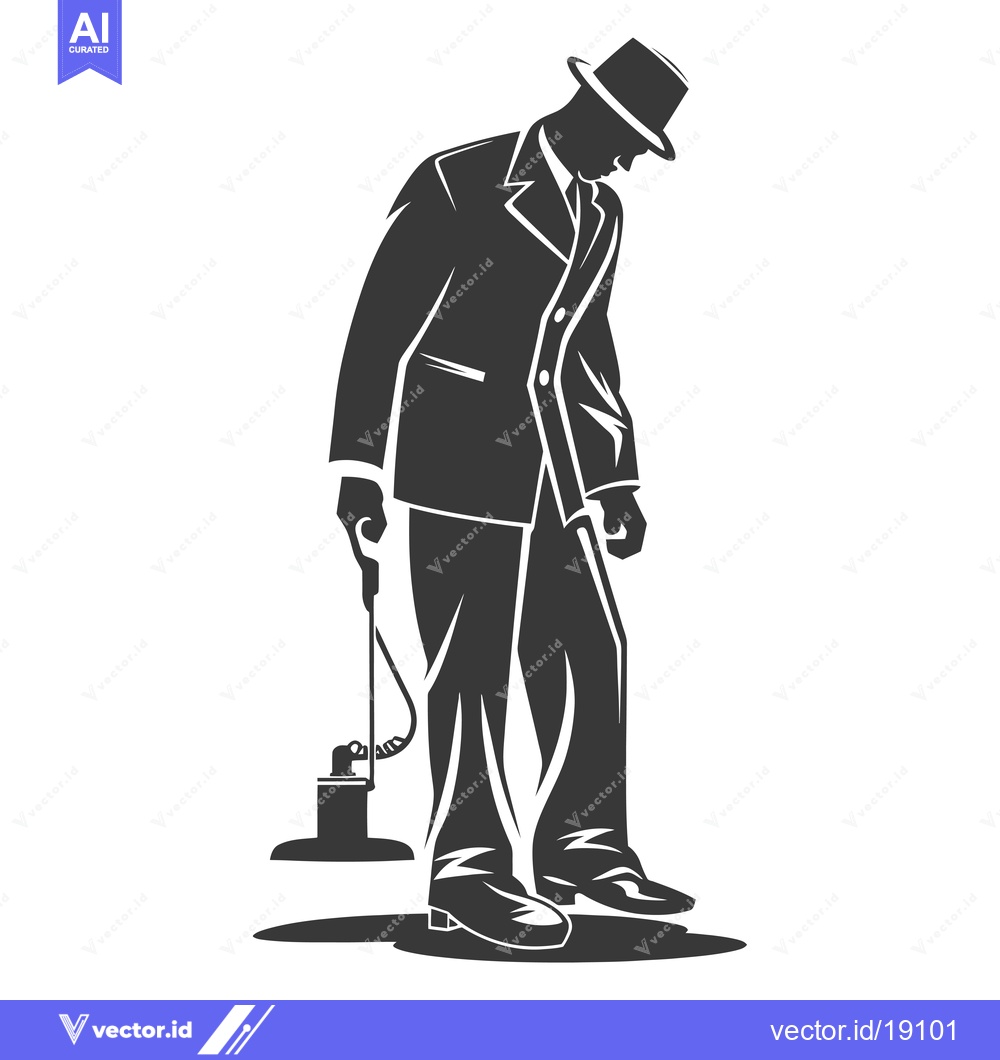 Premium Vector of A Silhouetted Man in a Suit Holding a Metal Detector