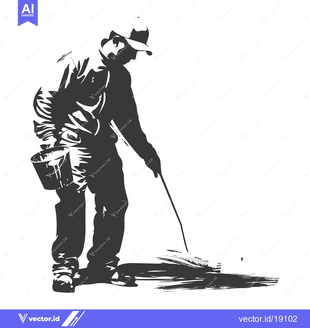 Premium Vector dari A Silhouetted Man Using a Long-Handled Brush to Paint