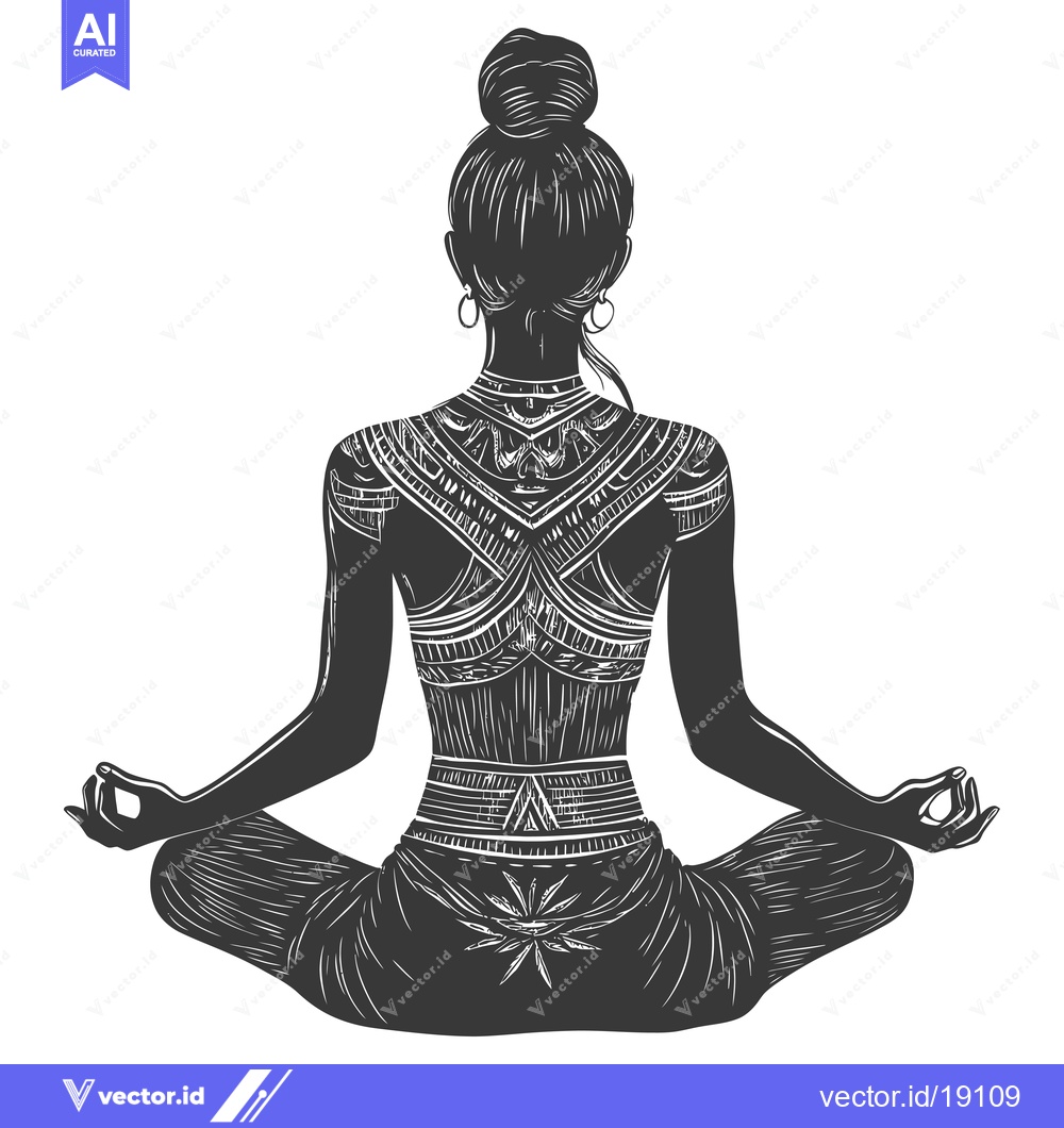 Premium Vector dari A Silhouetted Woman with Intricate Tattoos Meditating in a Yoga Pose
