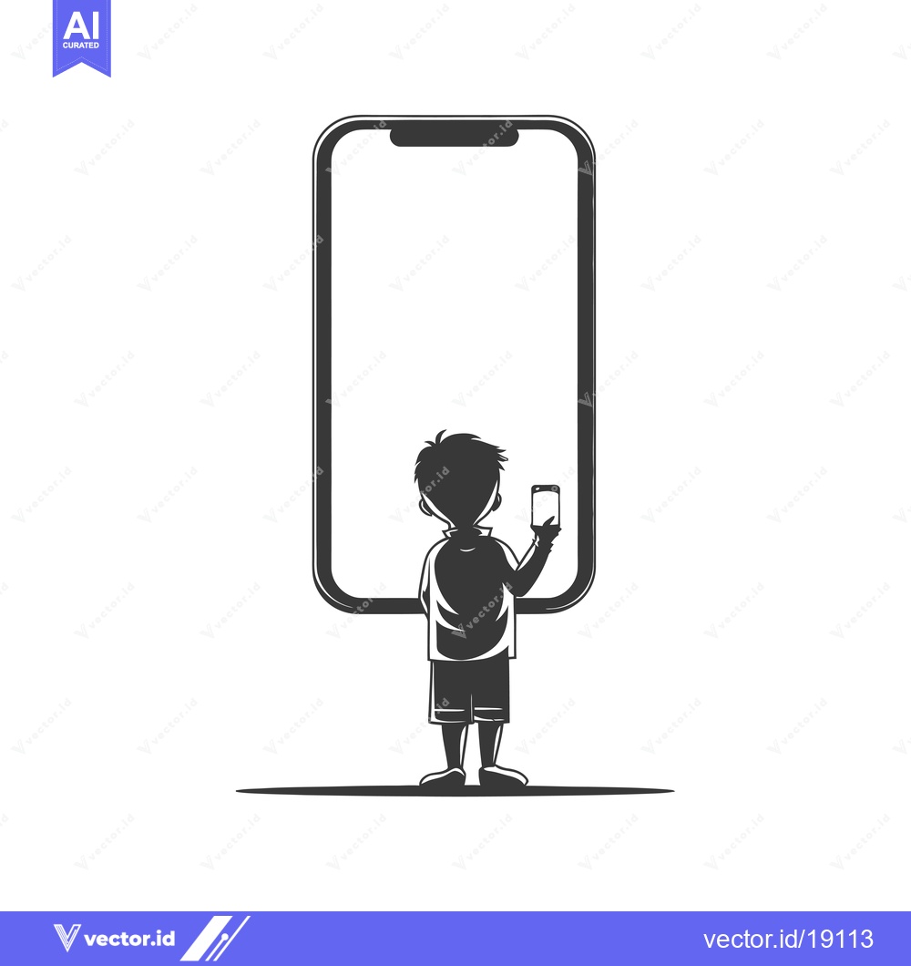 Premium Vector dari A Silhouette of a Boy Holding a Smartphone in Front of a Giant Smartph