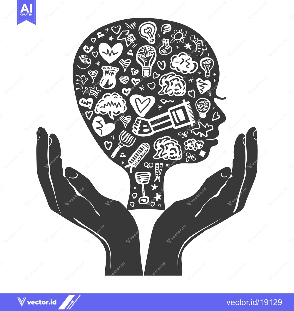 Premium Vector dari A Silhouette of a Head Filled with Abstract Doodle Icons Held by Two H