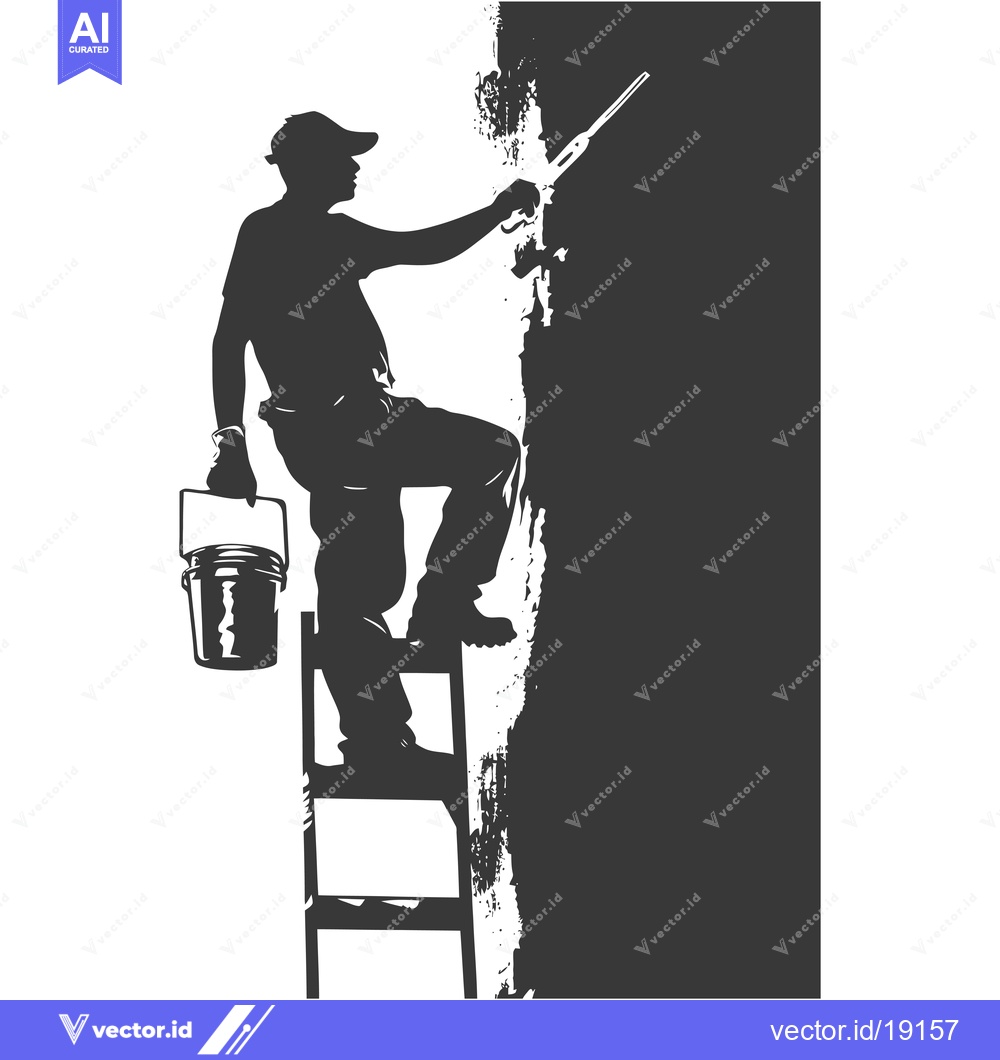 Premium Vector of A Silhouette of a Painter Standing on a Ladder and Painting a Wall