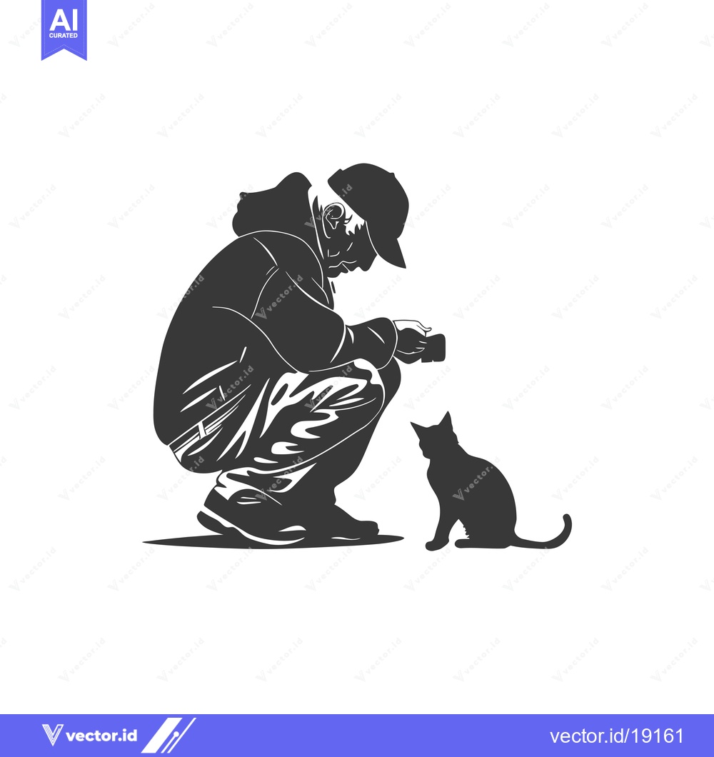 Premium Vector of A Silhouette of a Person Kneeling Down and a Cat Sitting Next to Them