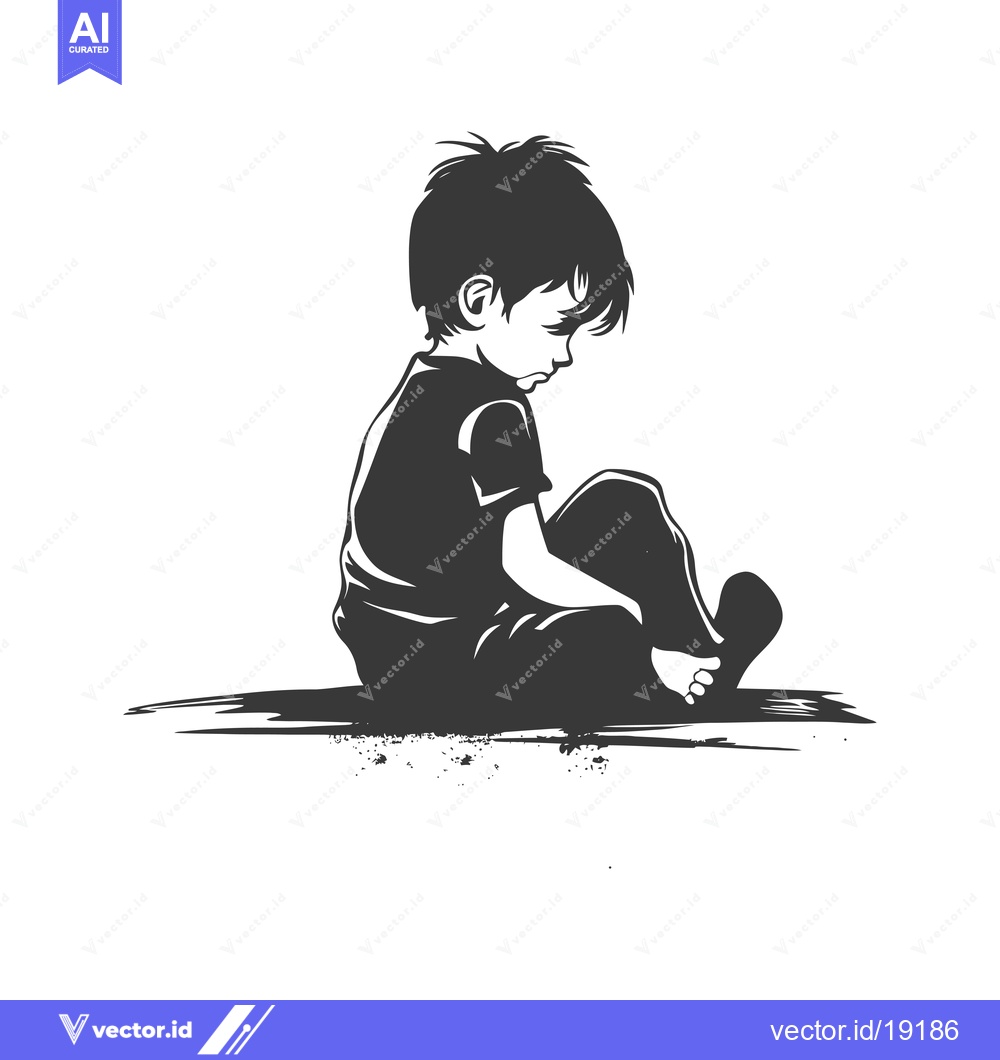 Premium Vector of A Silhouette of a Sad Young Boy Sitting on the Ground