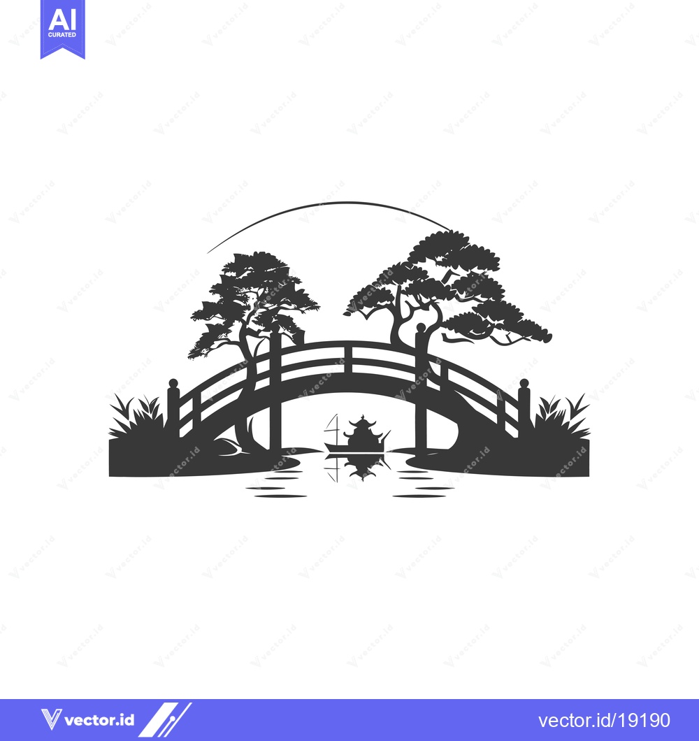 Premium Vector dari A Silhouette of a Traditional Japanese Bridge Over a Calm Lake