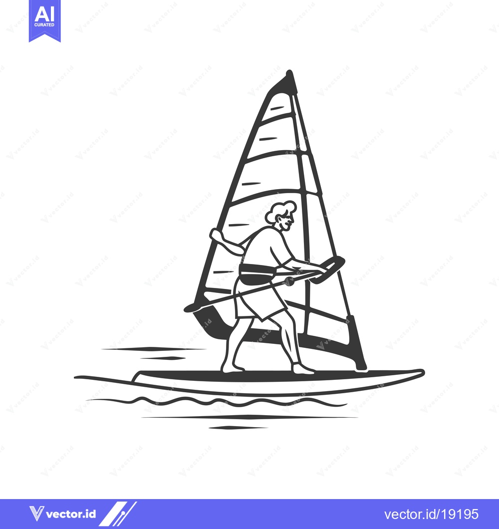 Premium Vector dari A Silhouette of a Windsurfer on the Water