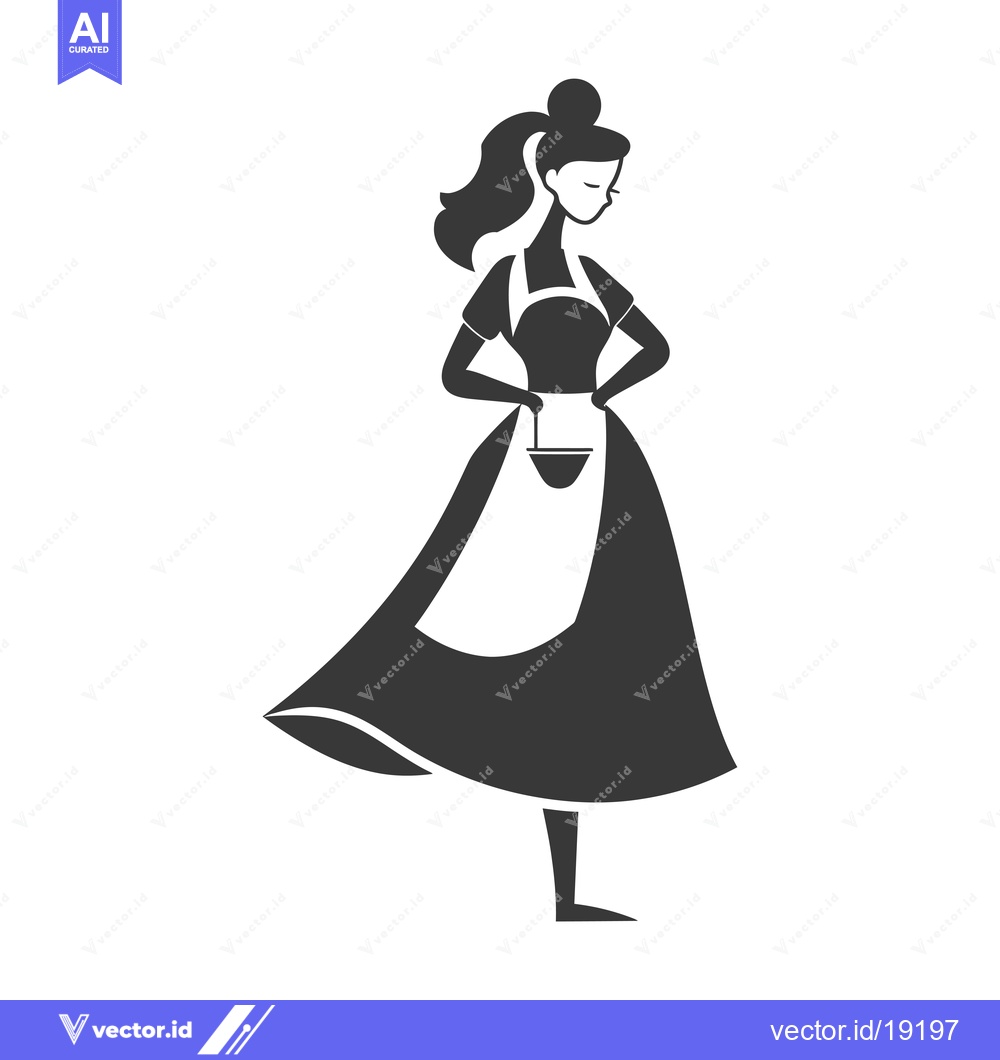 Premium Vector of A silhouette of a woman in a dress and apron, holding a bucket