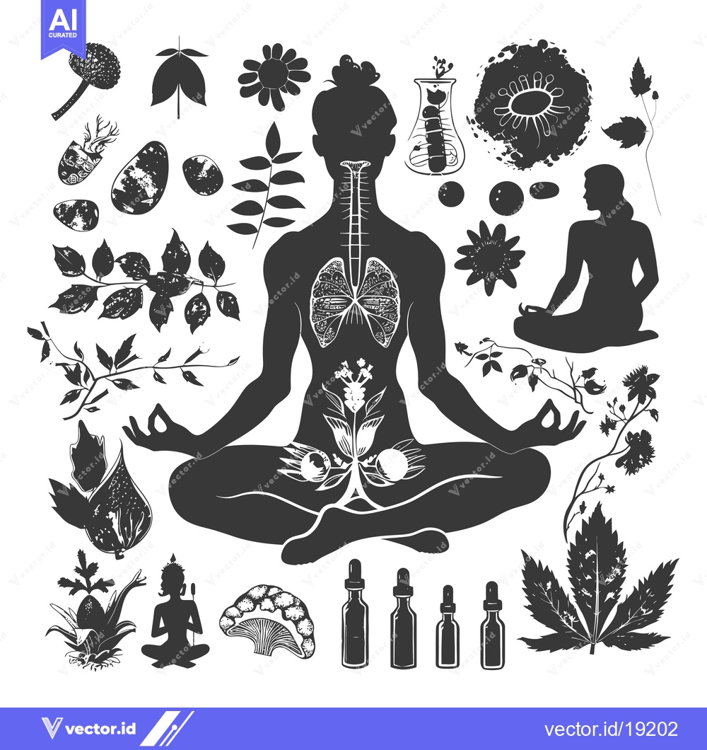Premium Vector of A silhouette of a woman in a yoga pose with various botanical and herb