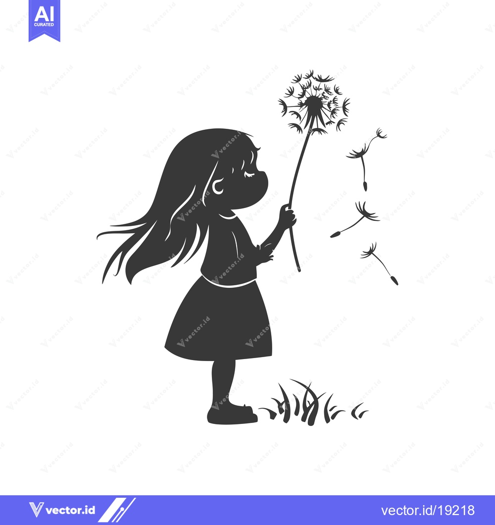 Premium Vector of A Silhouette of a Young Girl Blowing on a Dandelion