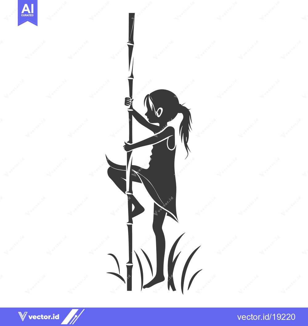 Premium Vector dari A Silhouette of a Young Girl Climbing a Tall Bamboo Pole