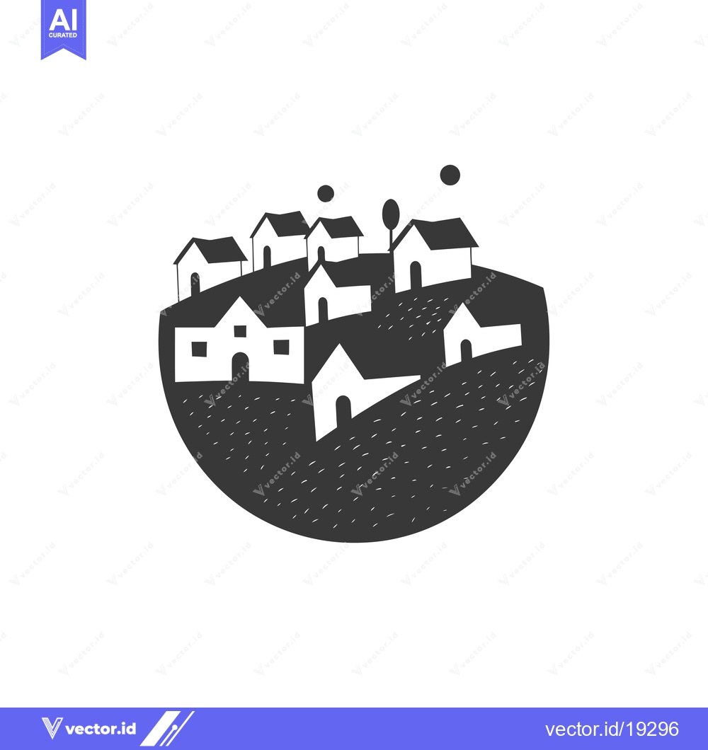 Premium Vector of A Simple Black and White Illustration of a Small Village on a Hill