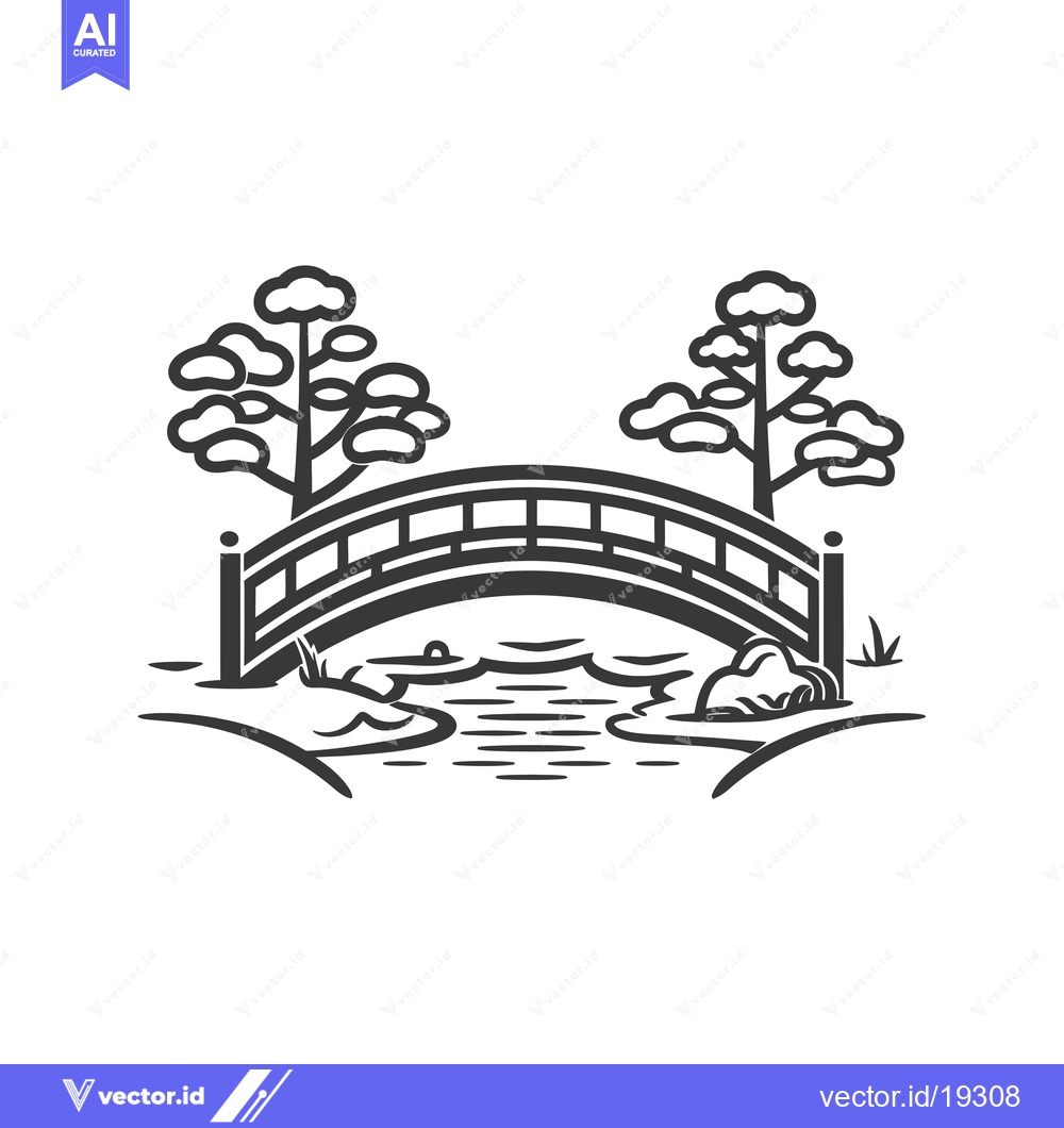 Premium Vector of A Simple Black and White Illustration of a Wooden Bridge Over a Stream